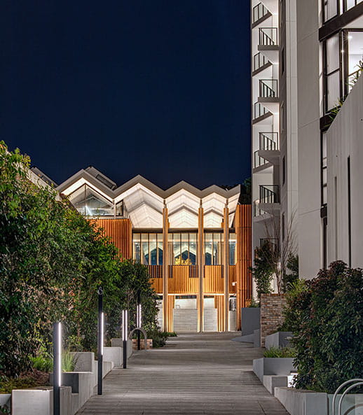 Marrickville library and apartments external view at night